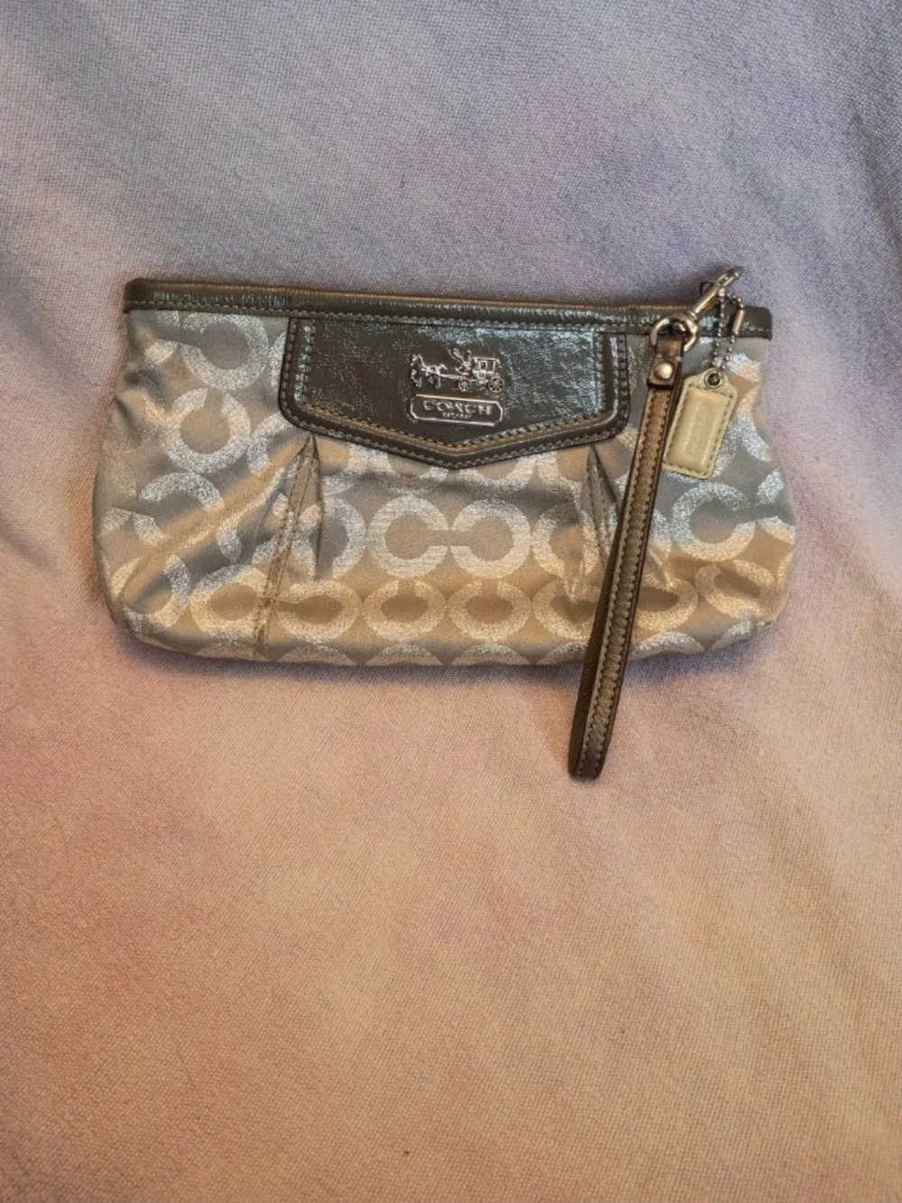 Coach Metallic Silver Signature Wristlet Clutch